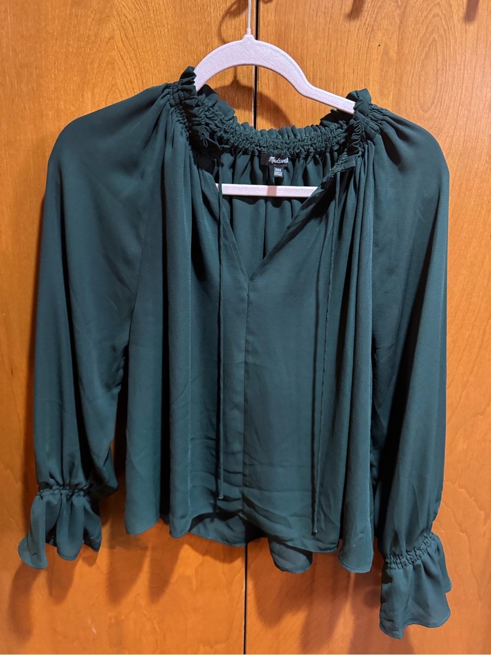 Madewell Dark Teal Smocked-Neck Peasant Blouse